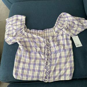 NWT Lace up Crop Tiny Top. Back smocked. Flutter type sleeves. Purple plaid M